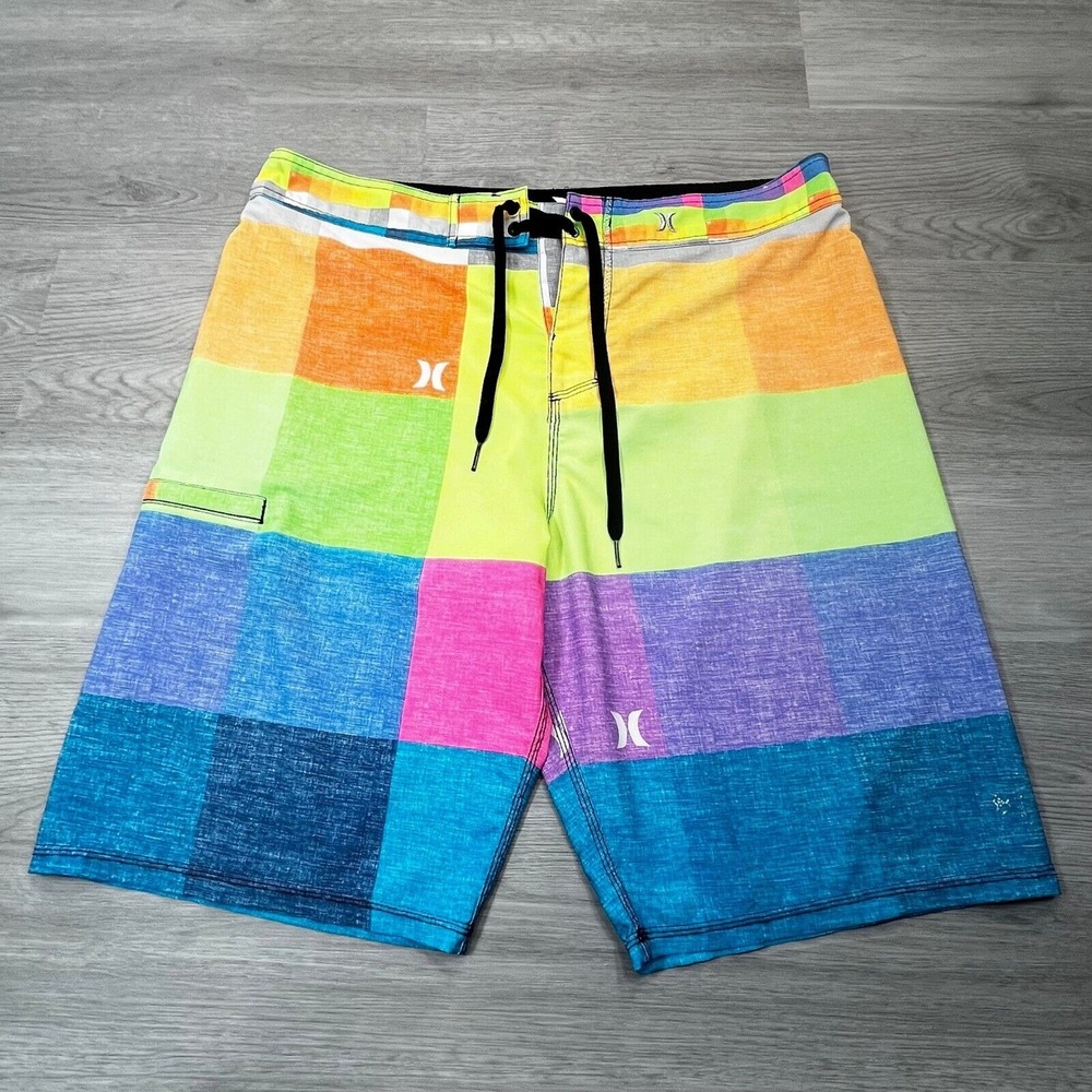 Hurley Swim Trunks Board Shorts Size 34‎ Plaid  Buckle Exclusive Outseam 21"